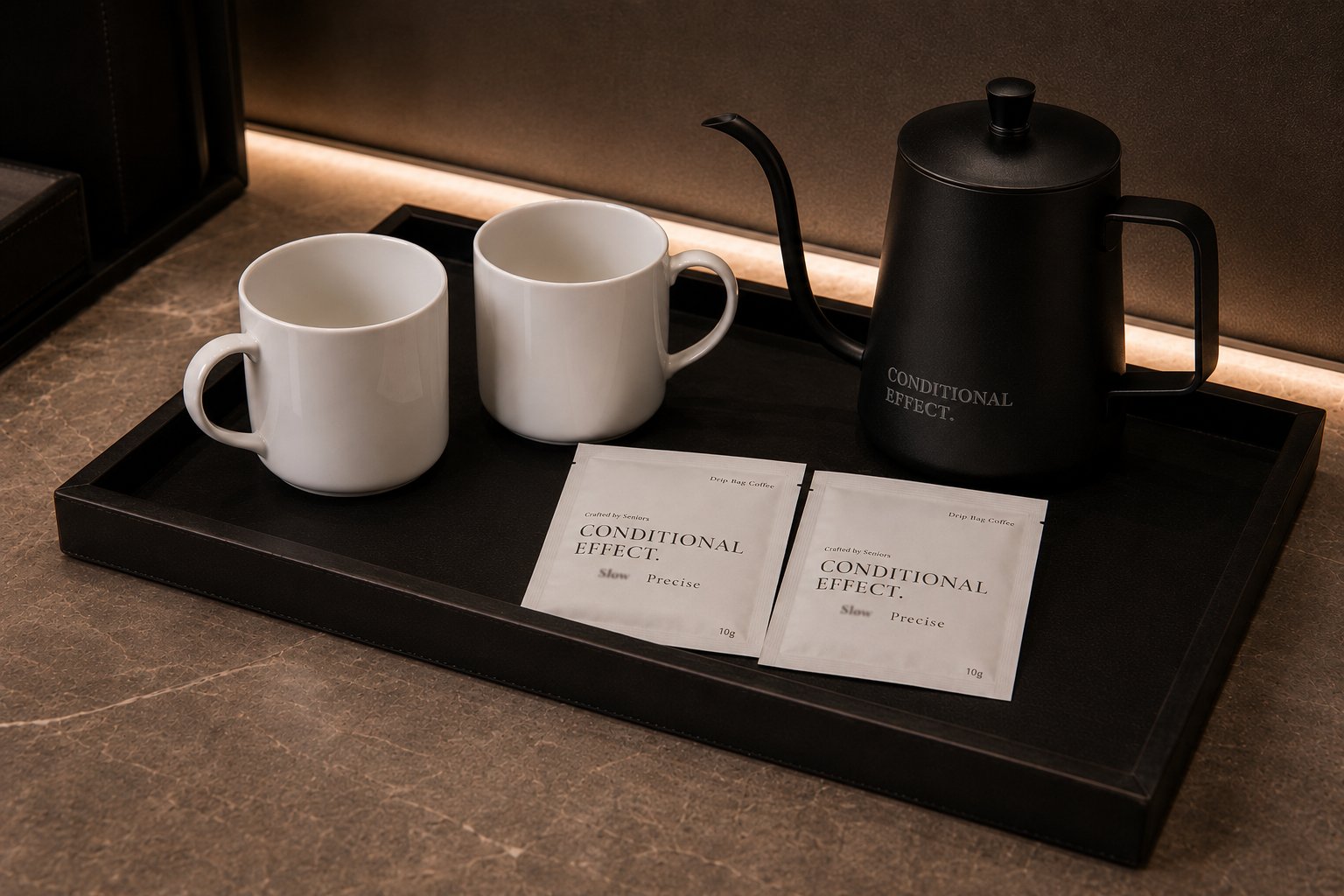 Drip bags on a hotel tray