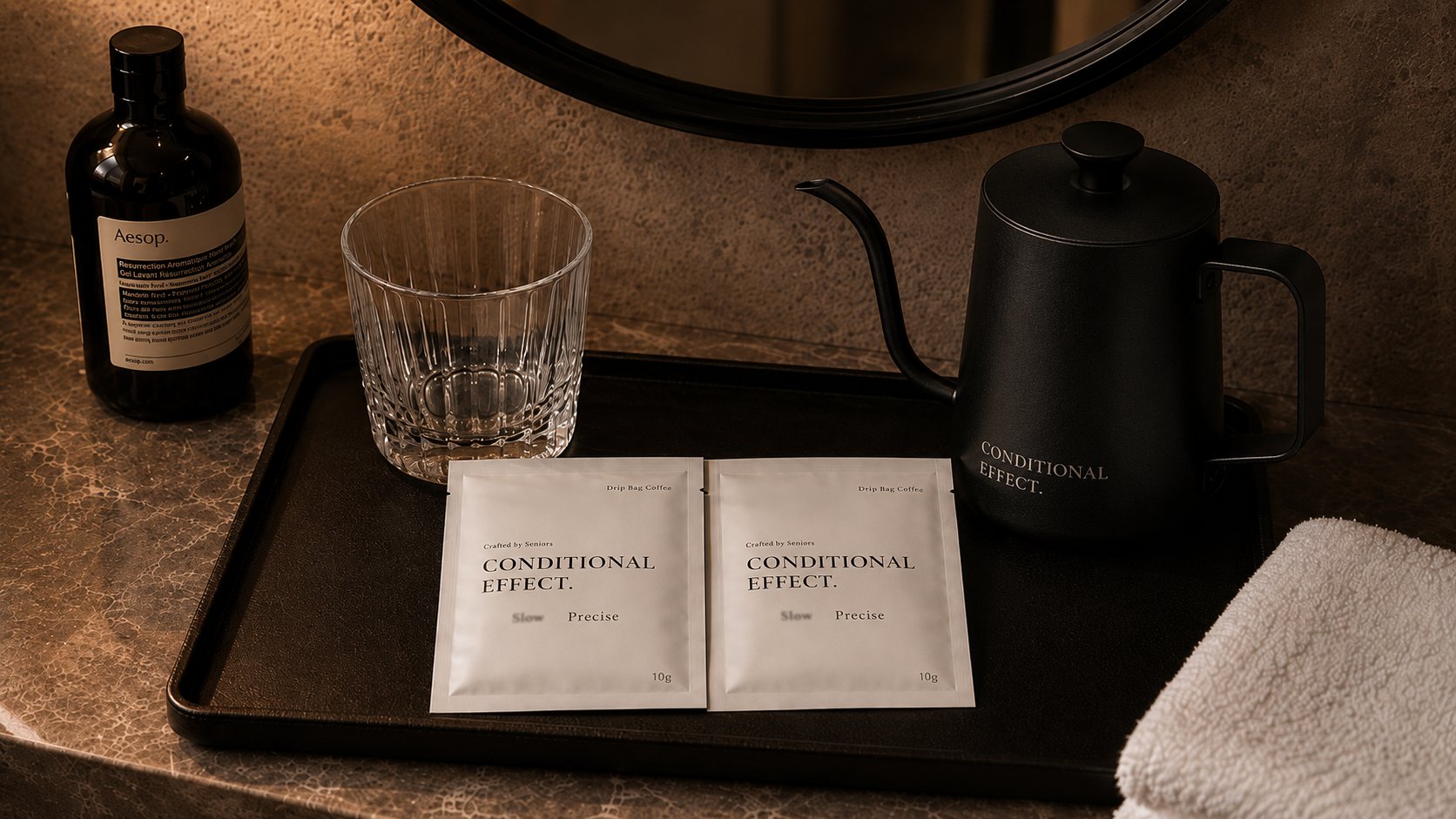 Conditional Effect. drip bag amenity in a hotel room