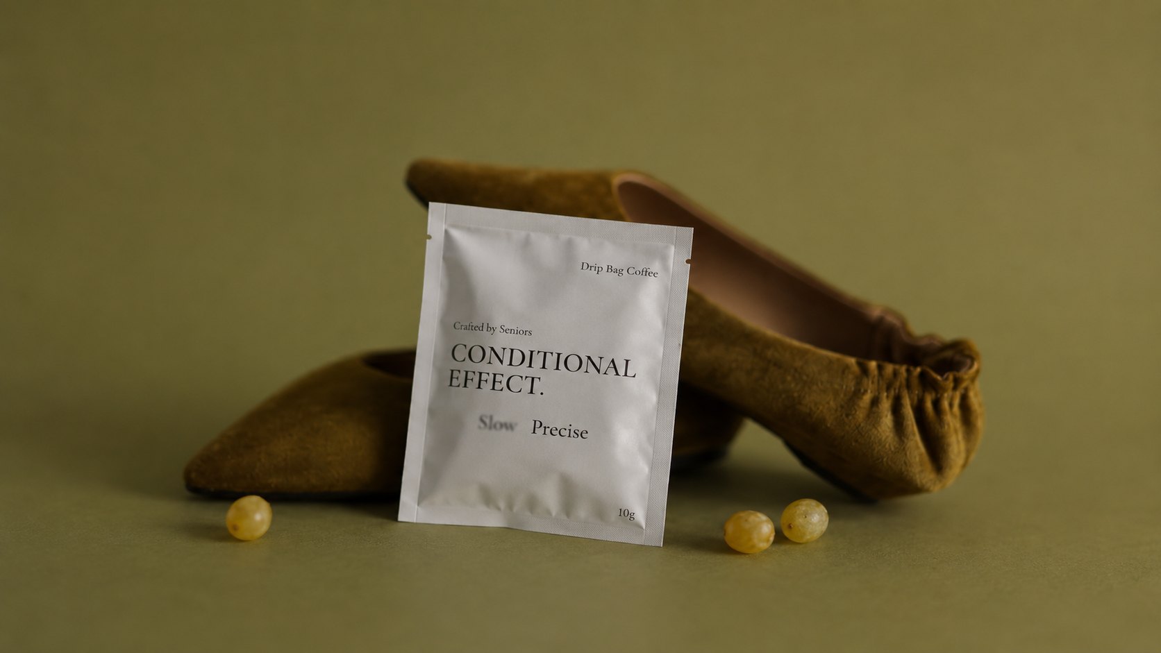 Conditional Effect. drip bag with suede flats on olive